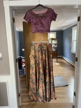 Beaded Mauve Crop Top with Floral Satin Maxi Skirt - Women Skirt Set